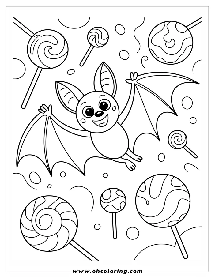 Line art of a happy cartoon bat flying among various lollipops, designed as a coloring sheet. The bat has a cheerful expression and outstretched wings.  Several different lollipop patterns are depicted, creating a sweet theme.