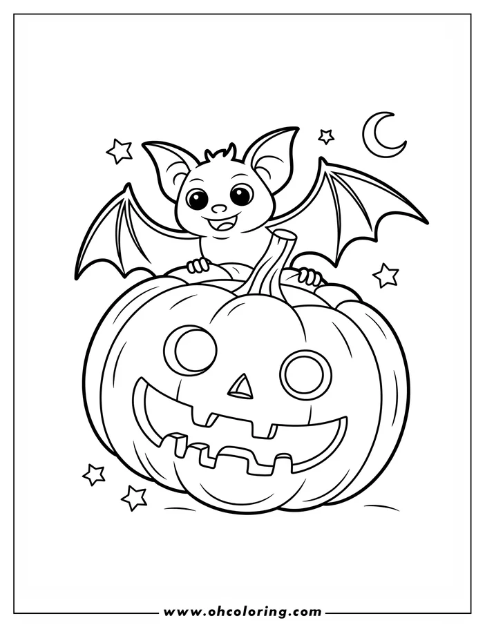 A simple, cartoon-style bat with large eyes and outstretched wings sits perched on a grinning jack-o'-lantern. Stars and a crescent moon are visible in the background of this coloring page design.