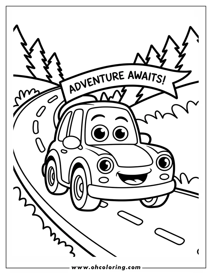 Outline of a happy car driving on a road with a banner that says 'Adventure Awaits!', surrounded by trees.