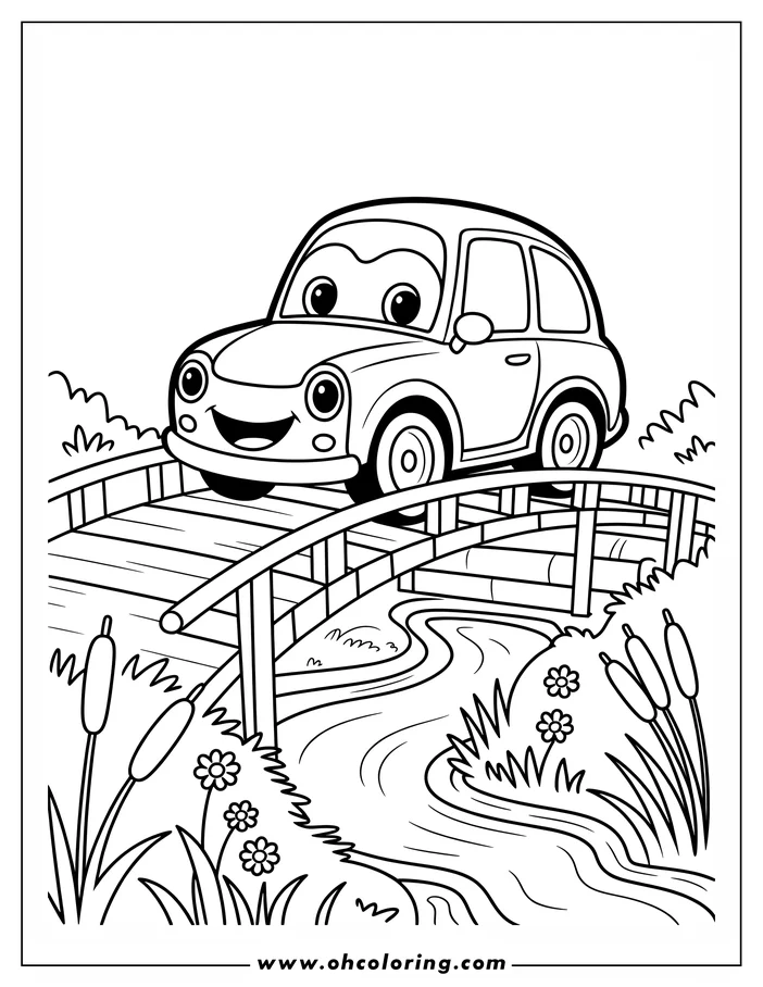 Outline of a happy cartoon car crossing a bridge over a small stream with flowers and cattails.