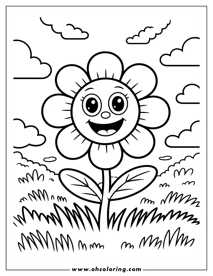 Line drawing of a smiling flower with round petals, a stem, and two leaves growing in a patch of grass with clouds overhead.