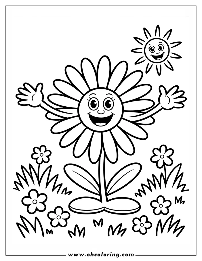 A cartoon flower with a smiling face and outstretched arms stands in a garden beneath a smiling sun.