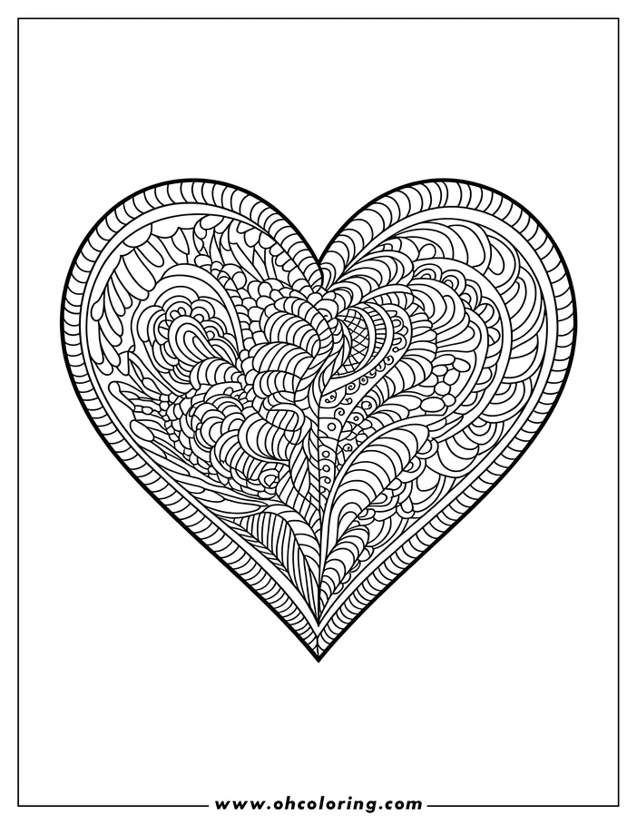 Intricate line art of a heart filled with a detailed, swirling pattern, designed as a coloring sheet. The design elements include various shapes and lines, offering a meditative coloring experience.