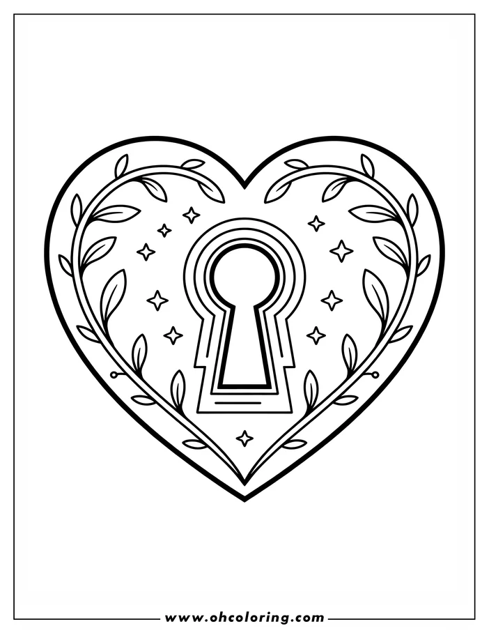 Line art of a heart-shaped coloring page design. A keyhole is centered within the heart, and stylized vines wrap around the heart's edges. Small star-like shapes are scattered within the heart. This simple design is perfect for coloring.
