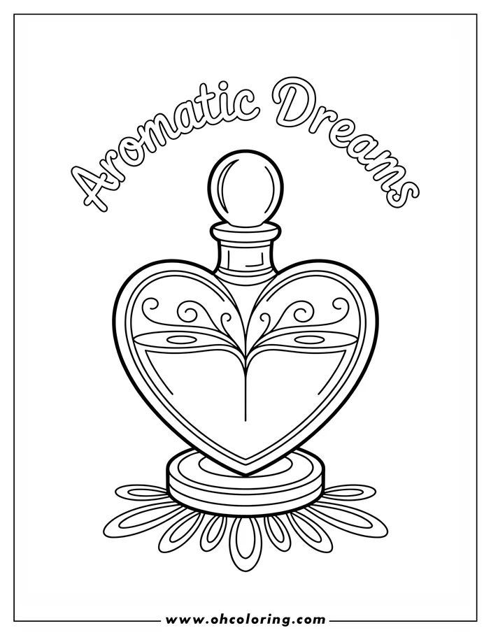 Line art of a heart-shaped perfume bottle resting on a decorative stand. The bottle has a round stopper and features intricate swirling patterns within the heart shape. This is a design for a coloring sheet.