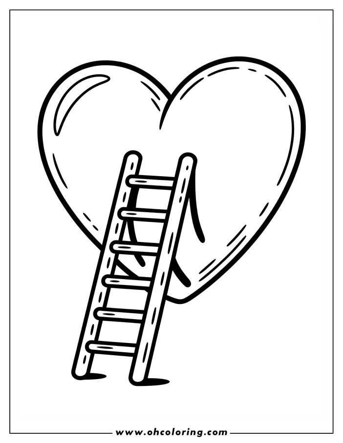 Line art drawing of a heart with a ladder leaning against it, designed as a coloring page.