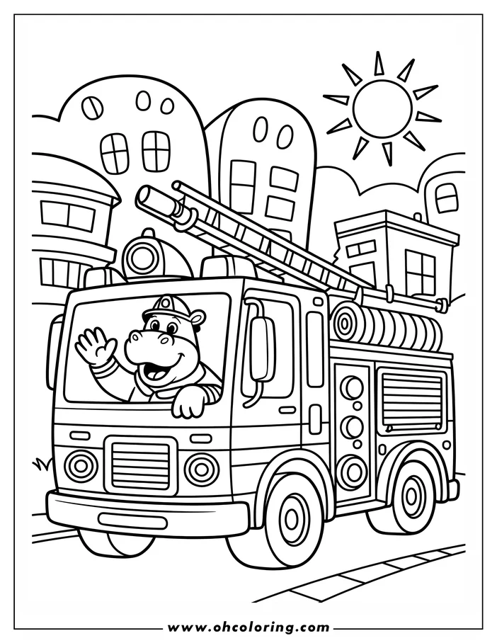 Line art of a hippo firefighter waving from a fire truck in a city setting. The truck has a ladder, hoses, and other details, perfect for a coloring sheet design.