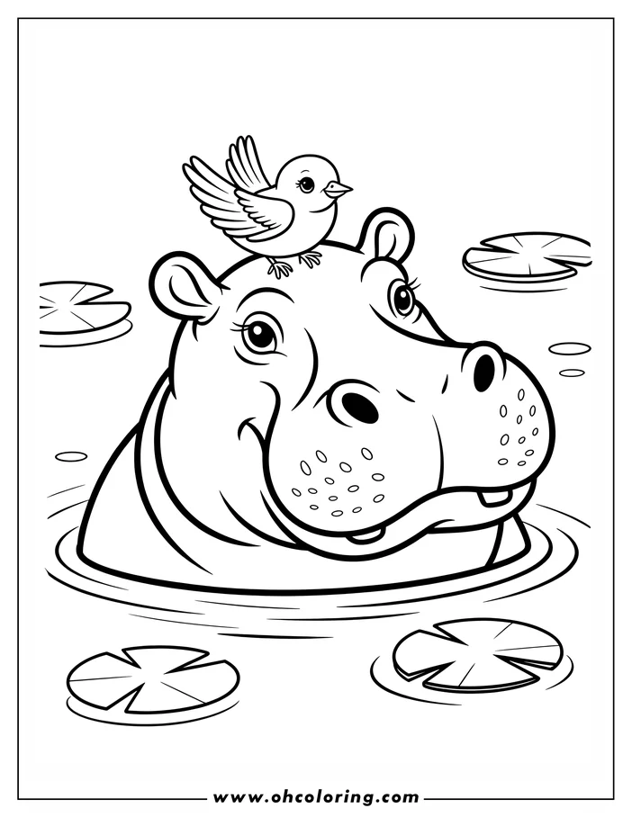 Line art of a hippopotamus with a bird perched on its head, surrounded by lily pads in water.