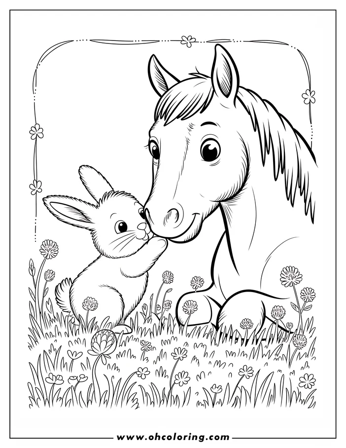 Outline of a cartoon horse and bunny interacting in a flower-filled meadow. The bunny reaches up to the horse's nose.