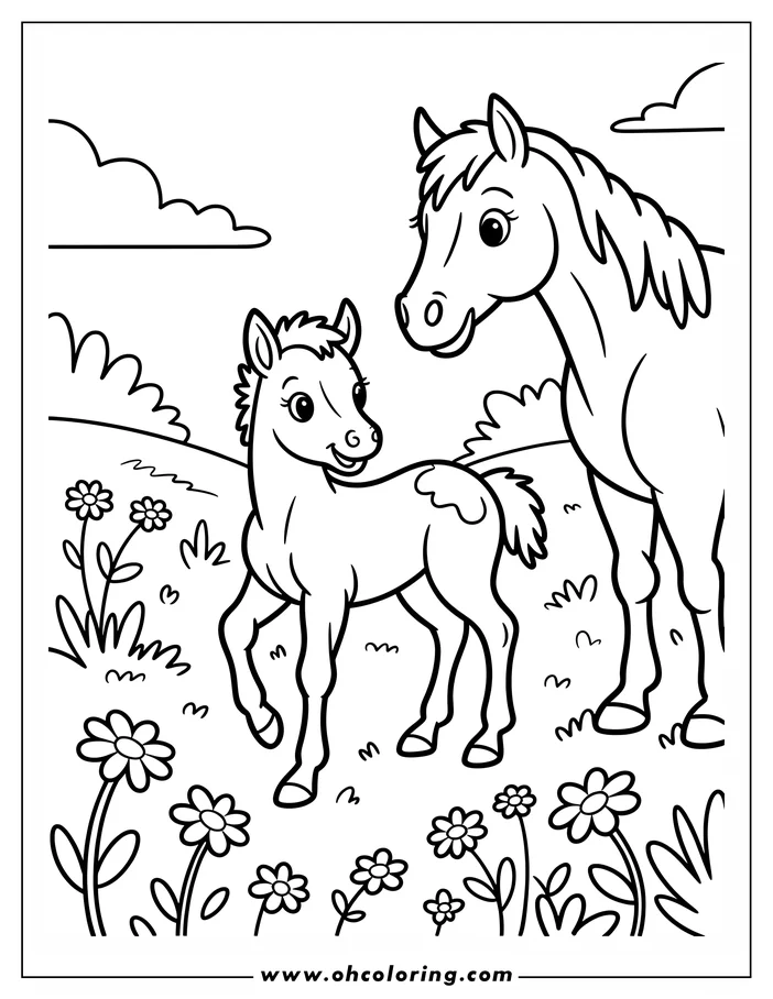 Line art of a mother horse and her foal standing in a field of flowers.