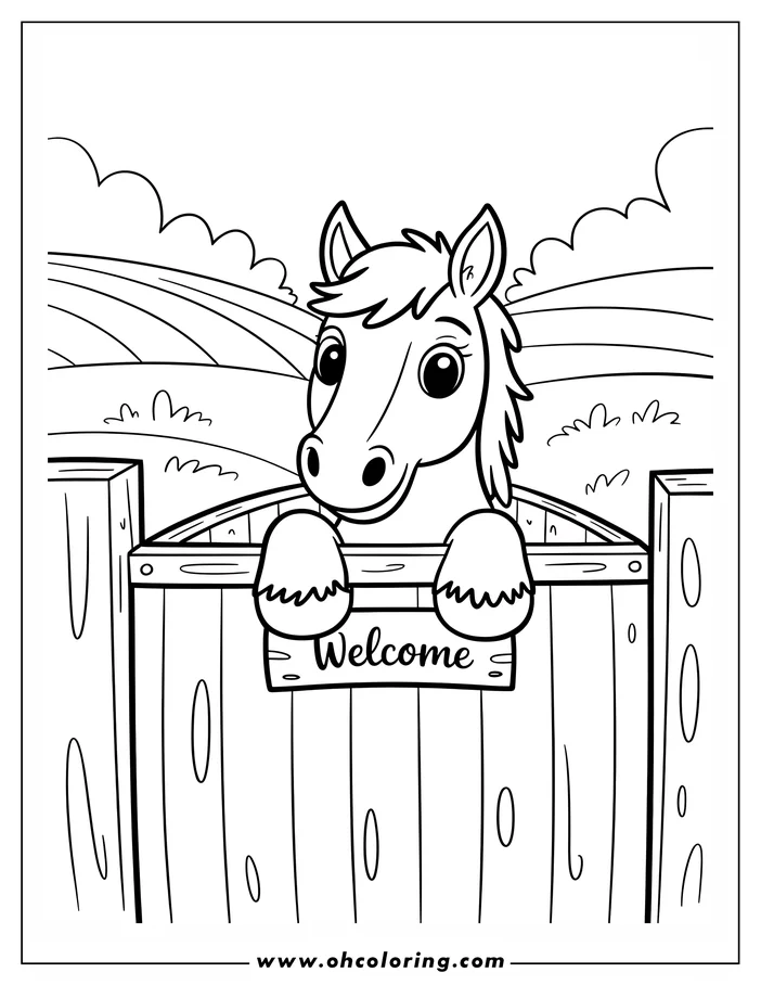 Line art of a cartoon horse looking over a wooden fence with a welcome sign. Rolling fields are in the background.