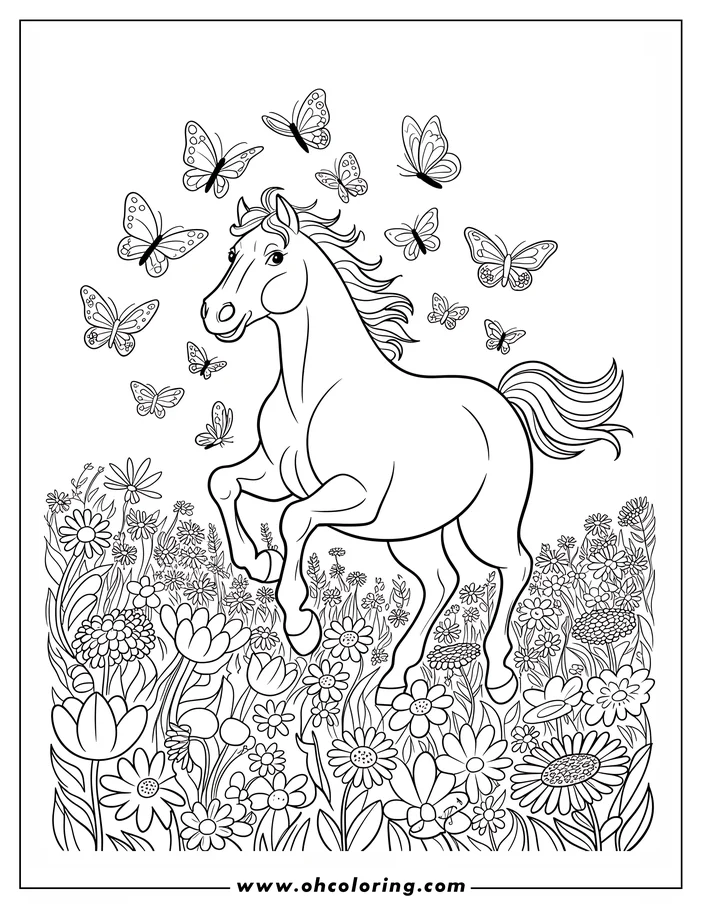 Outline of a cartoon horse cantering through a flower field with butterflies flying around it