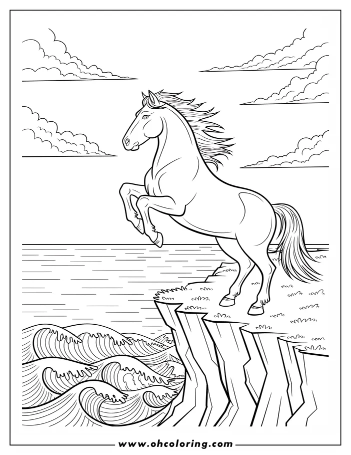 Line drawing of a horse rearing on a cliff overlooking the ocean with waves crashing against the rock face