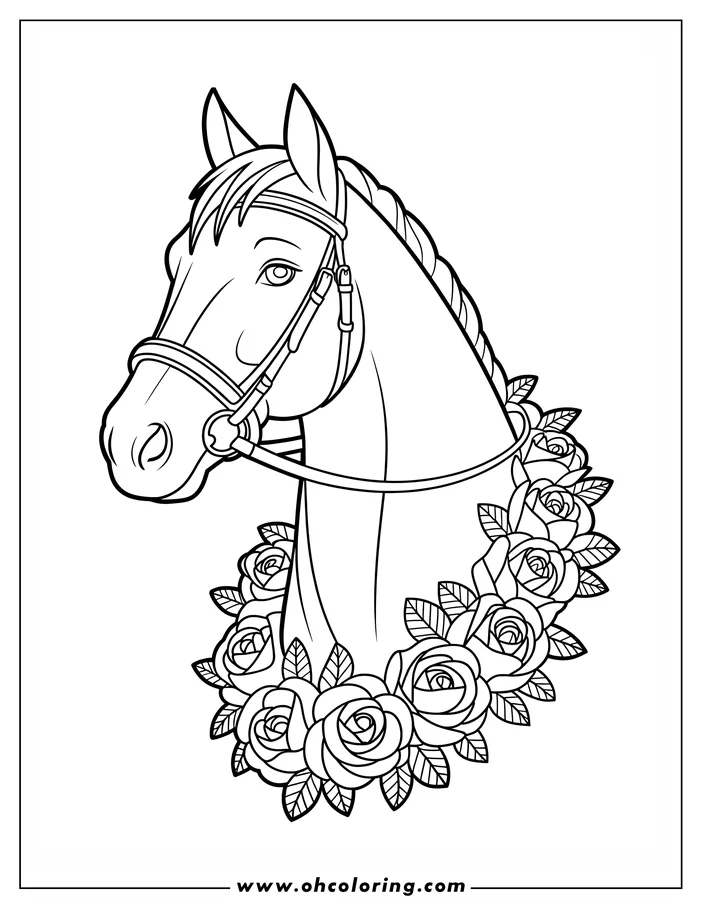 Line art of a horse's head and neck wearing a bridle and adorned with a garland of roses.