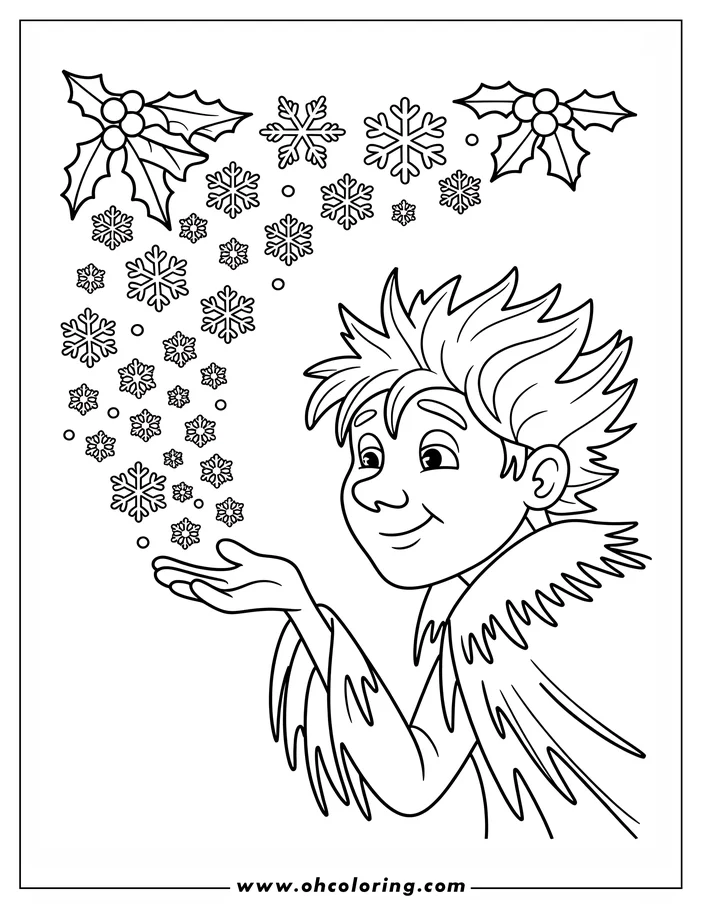 Line art of Jack Frost with his hand outstretched, catching snowflakes. He wears a fringed coat and has a happy expression. Holly leaves and berries decorate the corners of this winter coloring page.