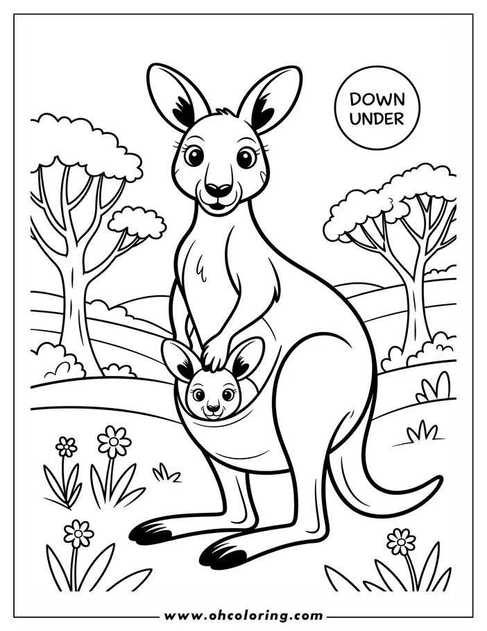 Outline of a kangaroo with her joey in her pouch, surrounded by simple trees, grass, and flowers.