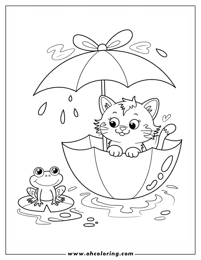 A kitten sits inside an open umbrella, floating on water, a frog perched on a lily pad nearby in this line art illustration.