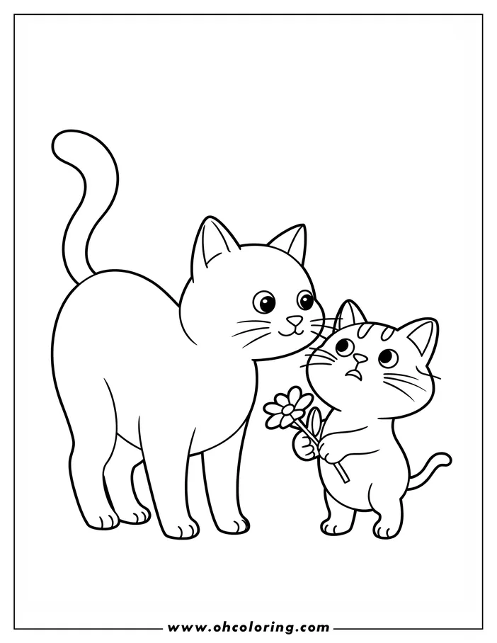 A kitten offers a flower to a larger cat. The kitten holds the flower in its paws as the larger cat looks on.