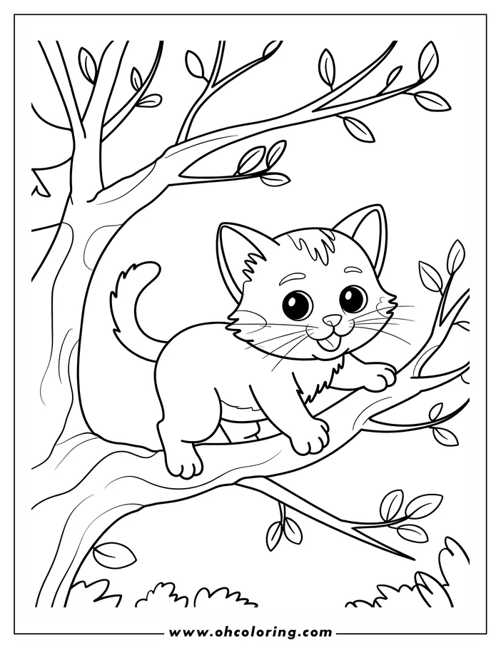 A kitten sits on a tree branch, drawn as line art for coloring.