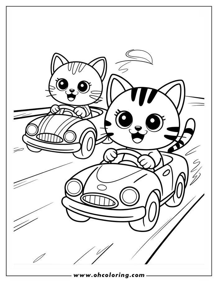 Two happy kittens driving vintage-style cars in a friendly race, simple outline drawing.