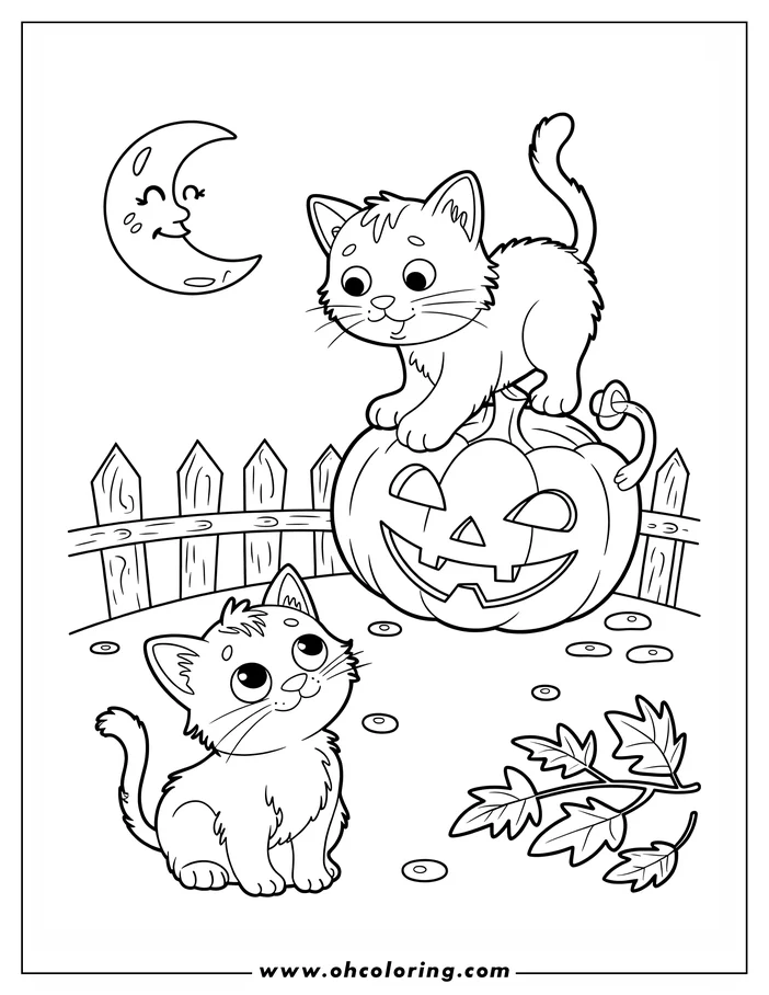 Two kittens and a jack-o-lantern in a Halloween scene.