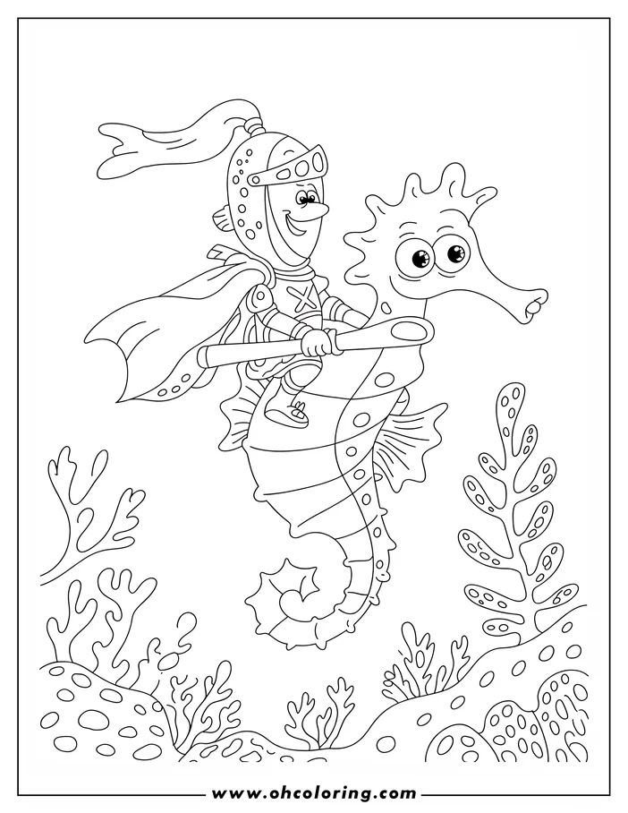 Line art of a knight riding a seahorse underwater, surrounded by coral and seaweed.