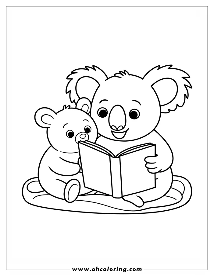 Line art of a koala bear and a small bear reading a book together.