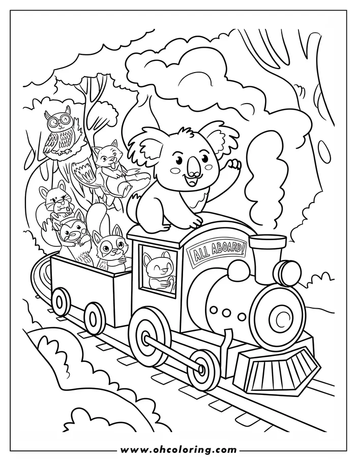 Line art of a koala waving from a train with other animal friends, including raccoons and foxes, in a forest setting.