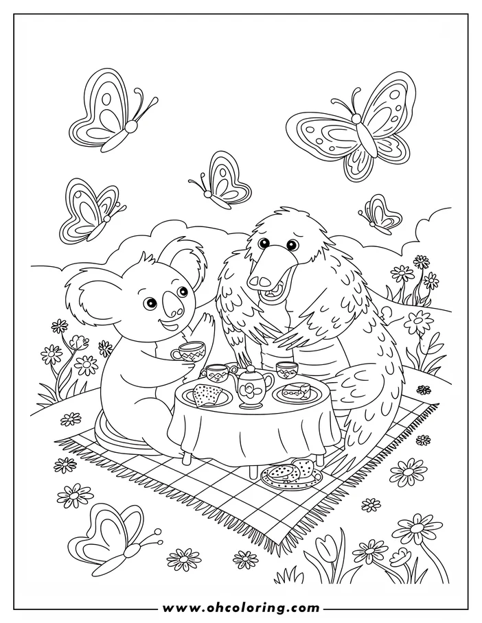 Line art of a koala and platypus having a tea party on a picnic blanket. Butterflies fly around them amidst flowers and grass.