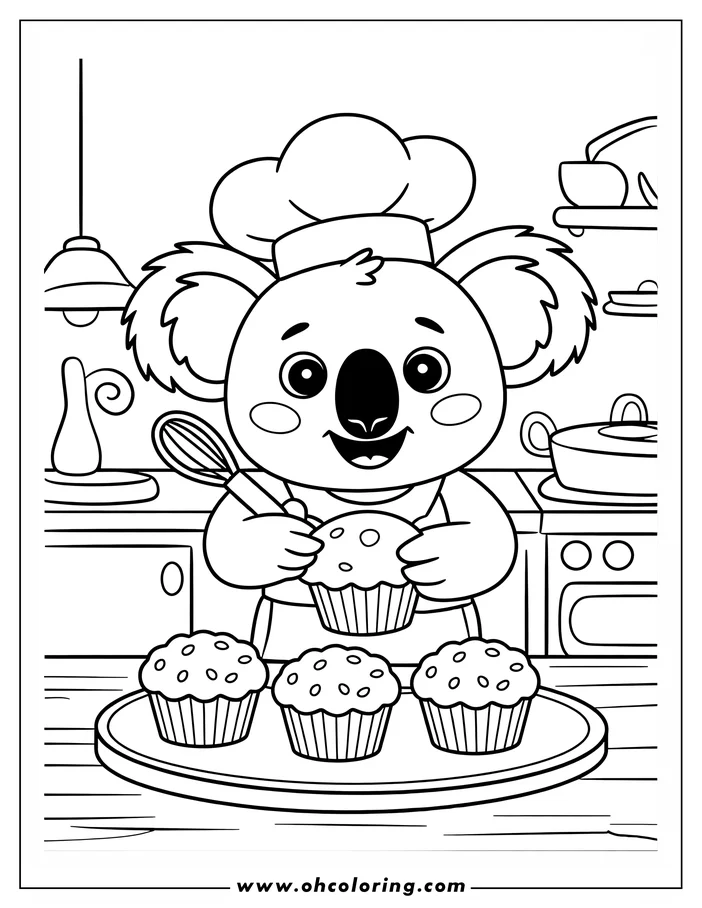 Line art of a koala wearing a chef's hat and apron, baking muffins in a kitchen. Three muffins sit on a platter on the counter, and kitchenware is visible on the stove and shelves in the background.