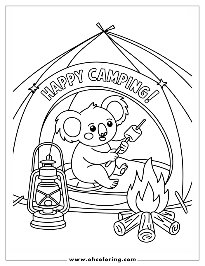 Line art of a koala roasting a marshmallow inside a tent. A campfire burns beside the koala, and a lantern is near the entrance.