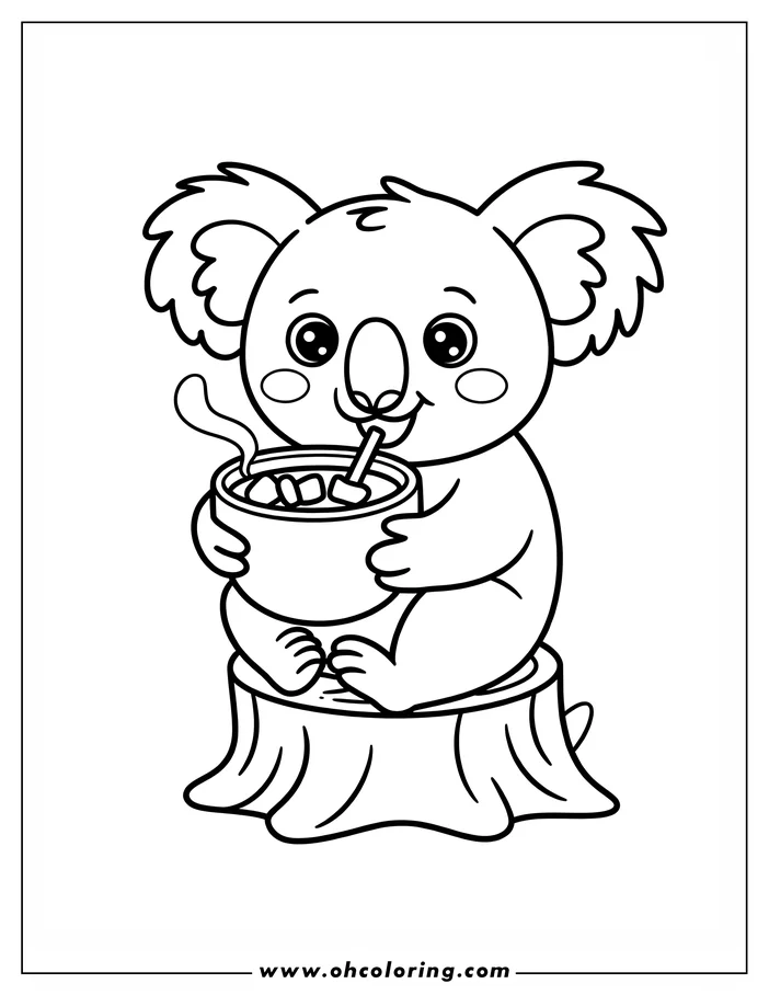 Outline of a koala sitting on a tree stump, holding a bowl and drinking from it. Steam is rising from the bowl.