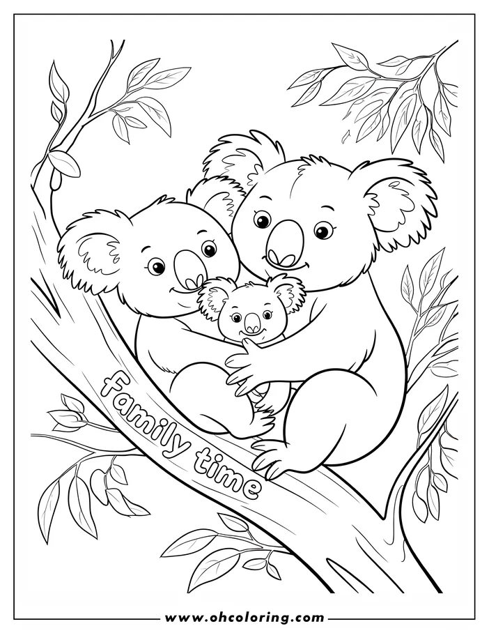 Outline of a koala family with two adults and a baby sitting together in a tree