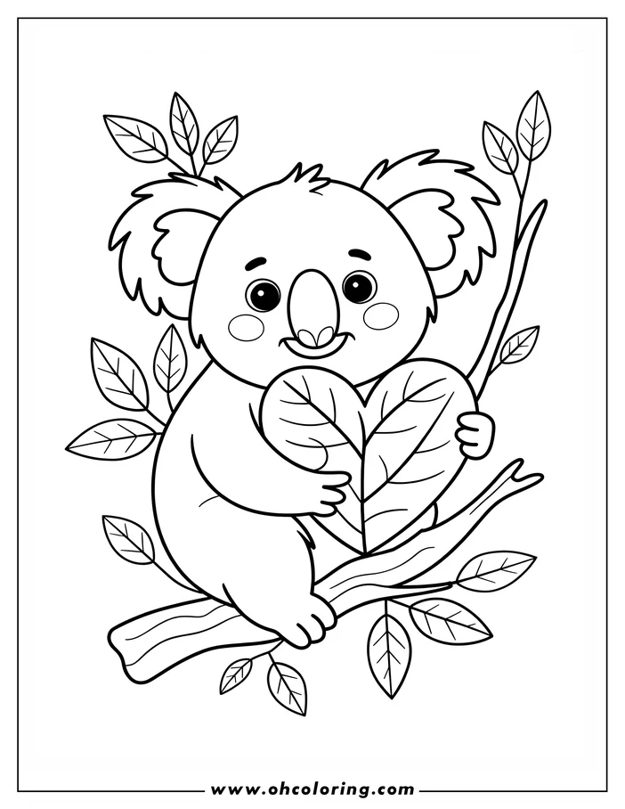 Outline of a cute koala bear sitting on a tree branch and holding a heart-shaped leaf