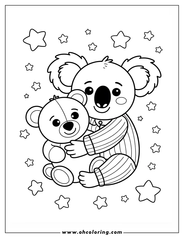 Line art of a koala in pajamas holding a teddy bear, surrounded by stars.