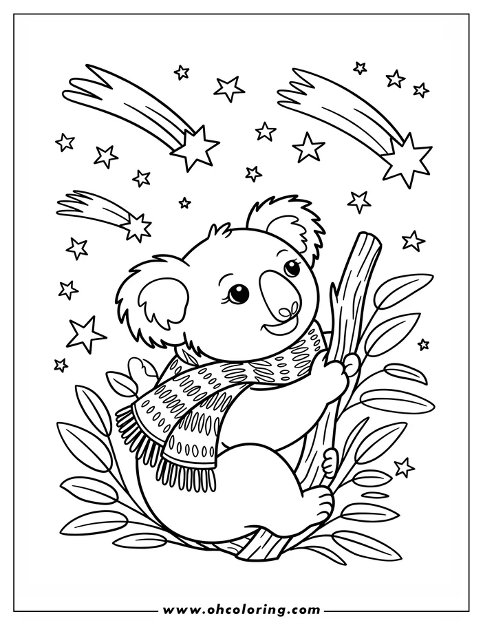 A cartoon koala sits in a tree with shooting stars streaking across the night sky. The koala wears a patterned scarf and has a friendly expression.
