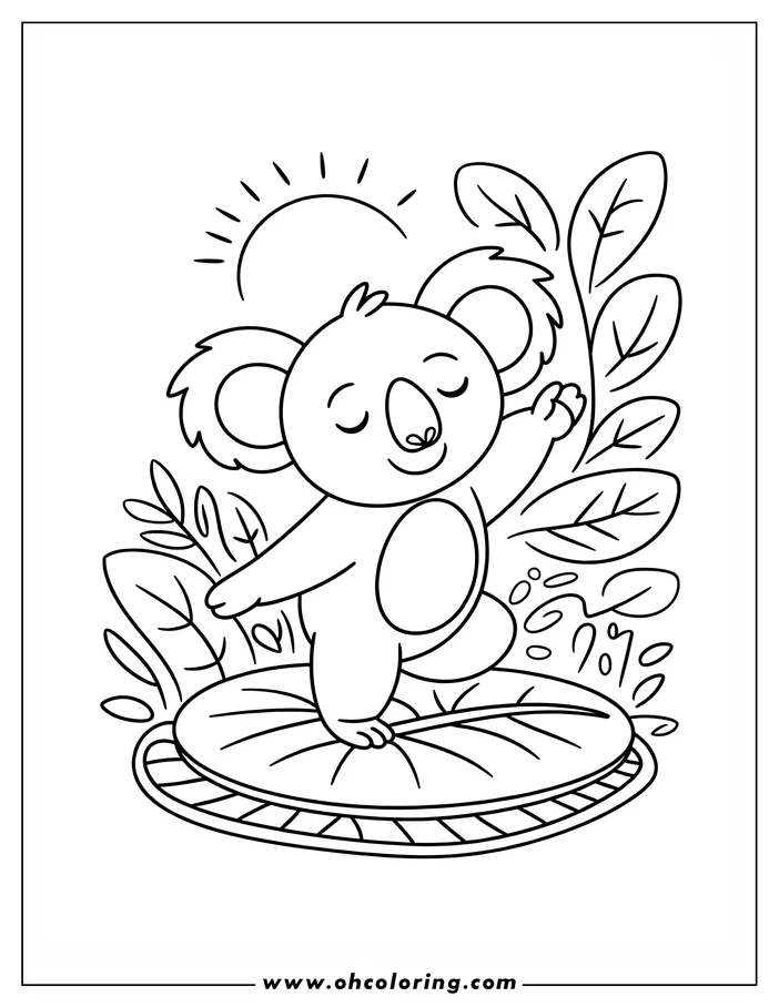Outline of a cartoon koala standing on a large leaf, with one arm raised. The koala has closed eyes and a peaceful expression.