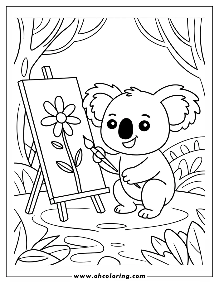 Line art of a koala painting a flower on a canvas outdoors.