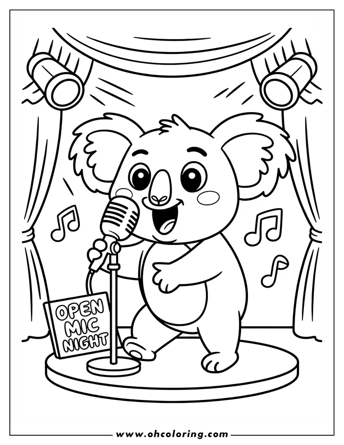 Line art of a koala singing into a microphone on a stage at open mic night, with spotlights and musical notes.