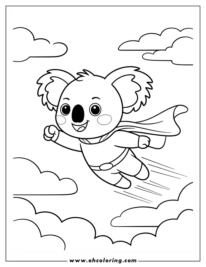 Line art of a koala superhero flying through the clouds. The koala wears a cape and costume and has a happy face.