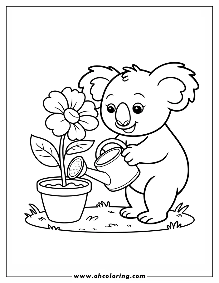 Outline of a koala watering a flower in a pot.