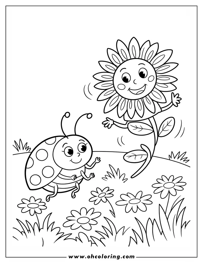 Line art of a ladybug and a flower in a field of smaller flowers. Both the ladybug and flower have happy expressions.