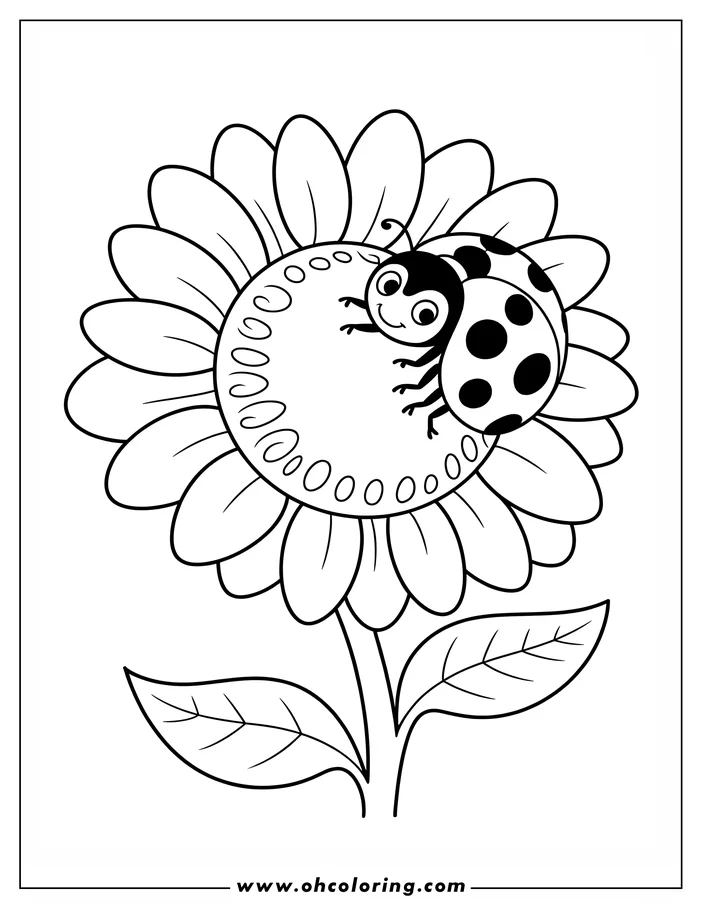 Line art of a ladybug resting on a flower. The ladybug has spots and a smiling face, perched on the flower's center.