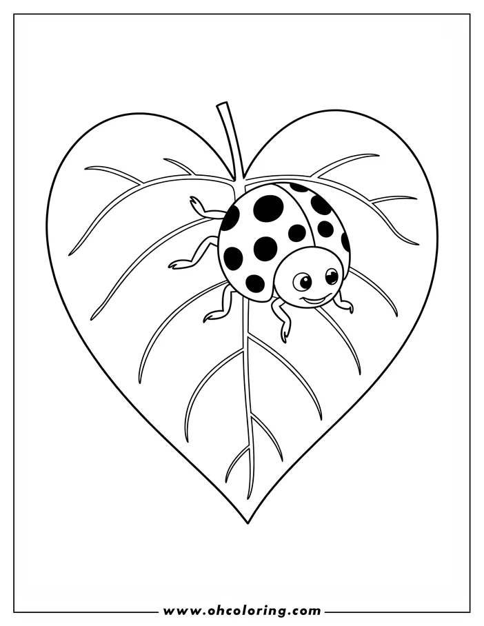 Simple line art of a ladybug on a heart-shaped leaf, ready for coloring. This coloring sheet design features a cute insect with spots.