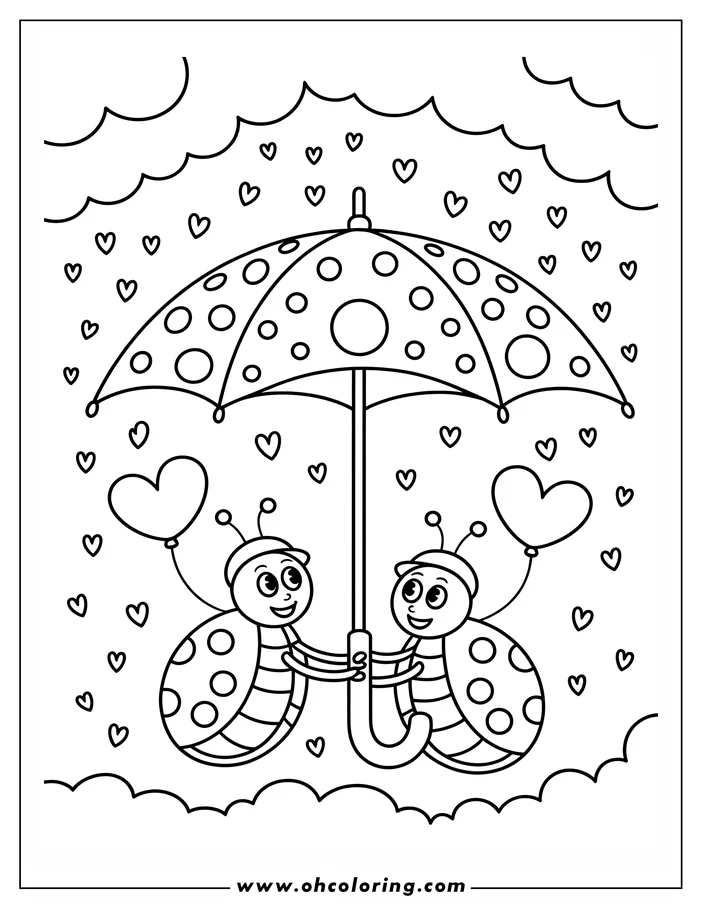 Line art depicting two ladybugs holding an umbrella and heart balloons, with small hearts falling around them. This Valentine's Day coloring sheet is ready for kids to add their own vibrant colors.