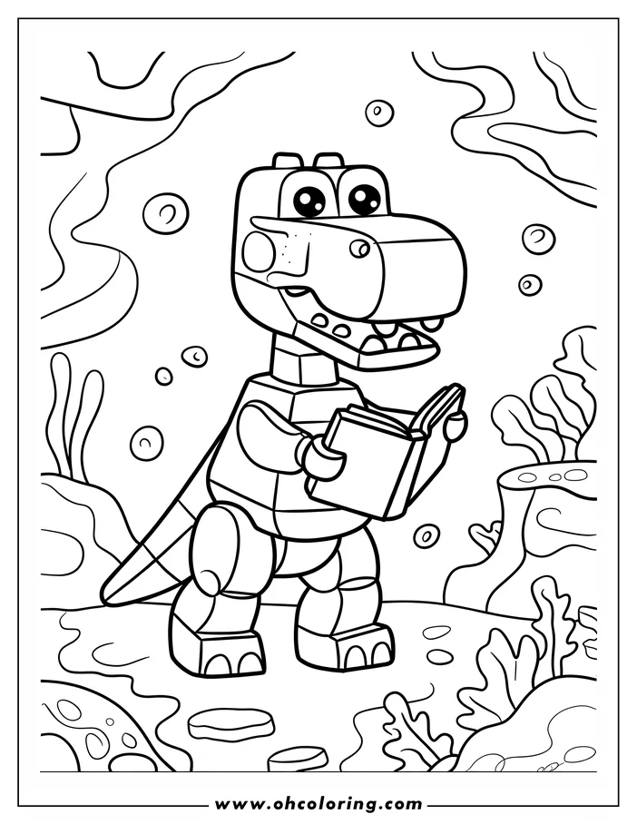 Outline of a blocky dinosaur reading a book underwater, surrounded by rocks and seaweed.