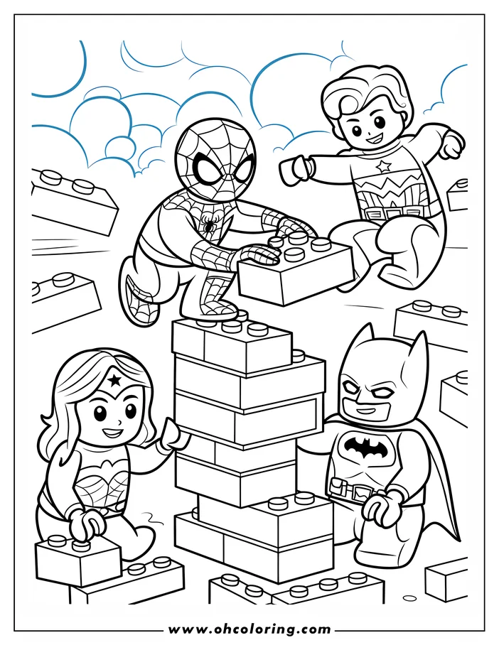 Line art of Lego versions of Spider-Man, Captain America, Wonder Woman, and Batman working together building with toy blocks.