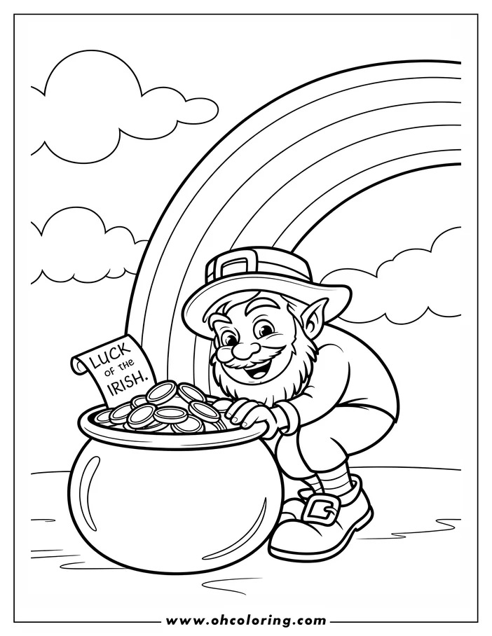 Line art of a leprechaun crouching beside a pot of gold coins under a rainbow. He wears a hat and buckled shoes. A scroll reads 'Luck of the Irish.' This St. Patrick's Day-themed coloring sheet design is ready for printing and coloring.