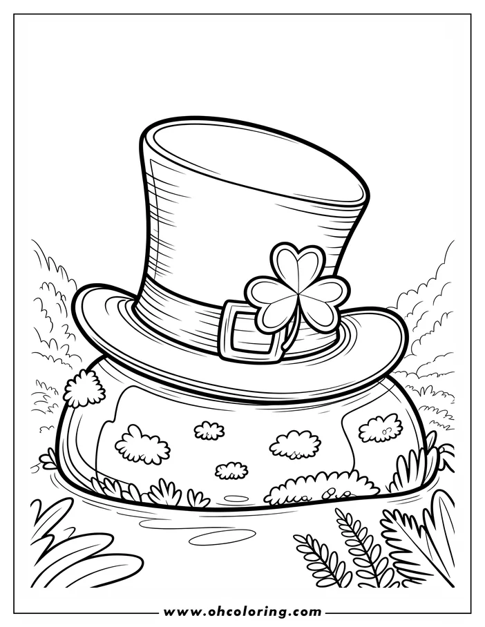 Line art of a leprechaun hat with a shamrock on a pot of gold in a grassy setting.  This is a St. Patrick's Day coloring page design.