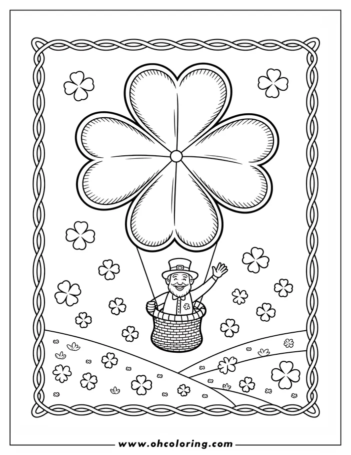 Line art of a leprechaun riding in a four-leaf clover shaped hot air balloon. He waves from a woven basket, surrounded by shamrocks in the air and on the ground below. This coloring sheet design celebrates St. Patrick's Day.